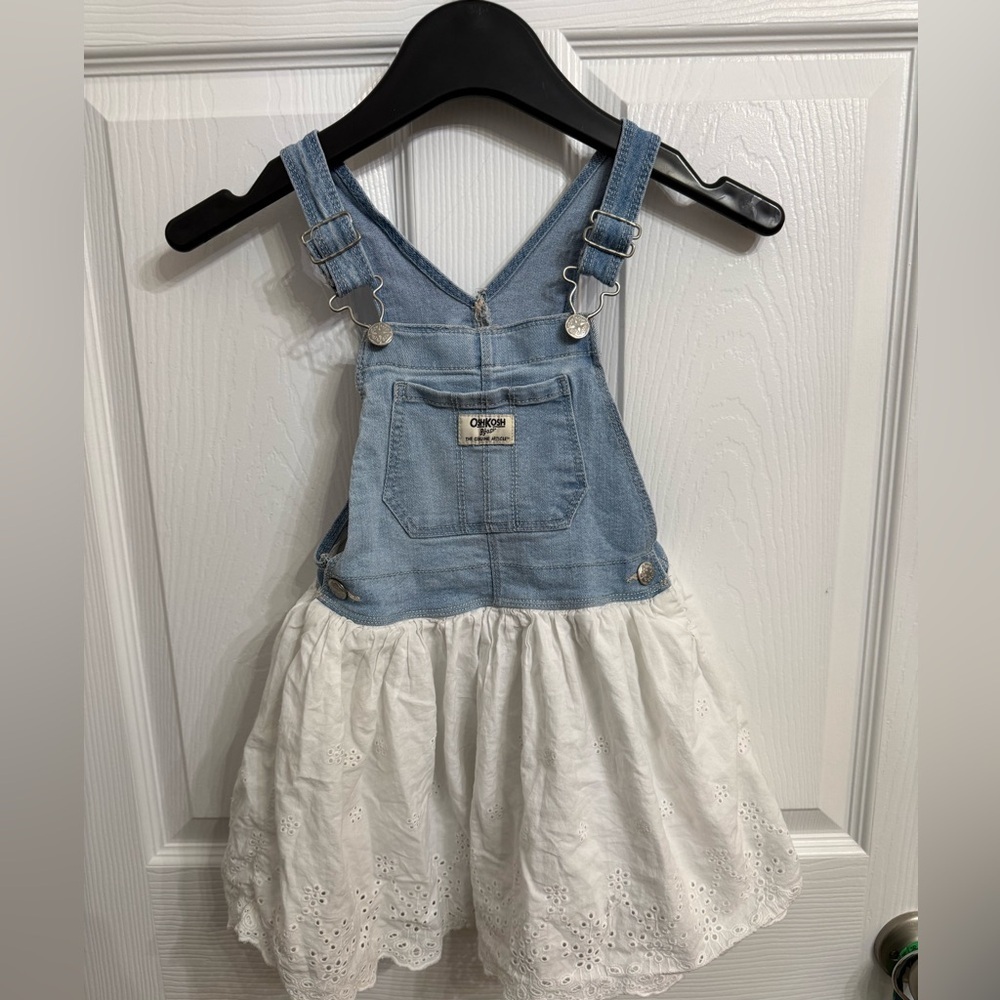 OshKosh 5T Denim Eyelet Overall Dress Cottagecore Prairie Blue White